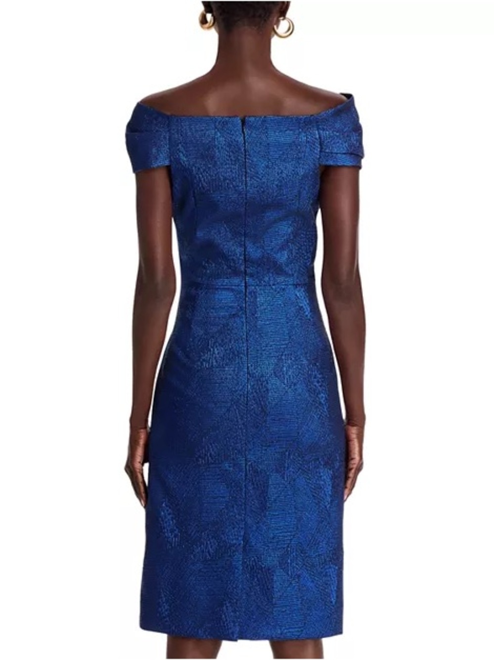 Teri Jon Rickie Freeman Sapphire Blue Metallic Off Shoulder Cocktail Dress 4 - Picture 4 of 14
